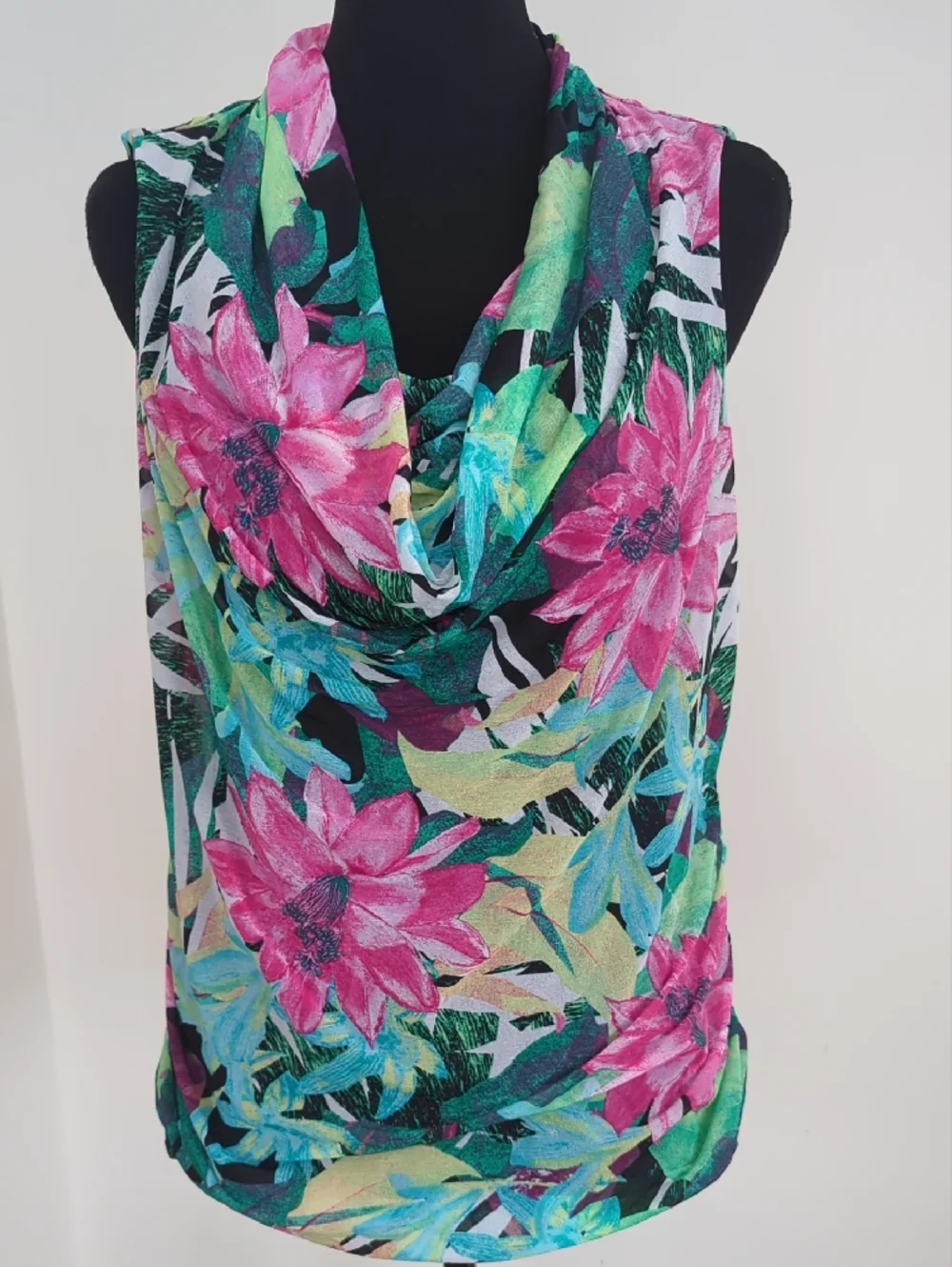 Dana Buchman Tropical Floral Cowl Neck Sleeveless Ruched Blouse Top Large LARGE